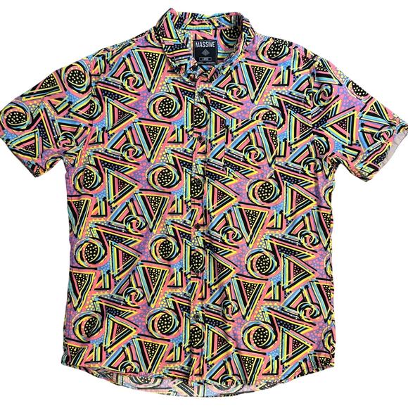 Massive Men’s Vaperwave 90s Patterned Cotton Button Front Short Sleeve Size L - Picture 1 of 8